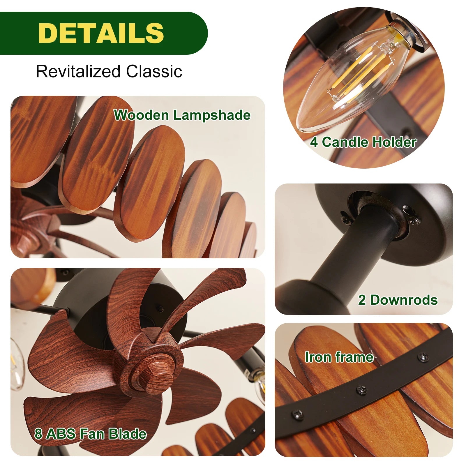 Farmhouse Wood Ceiling Fan with Lights, 19.7 Inch Rustic Chandelier Ceiling Fans Enclosed Bladeless Ceiling Fan Light Fandelier