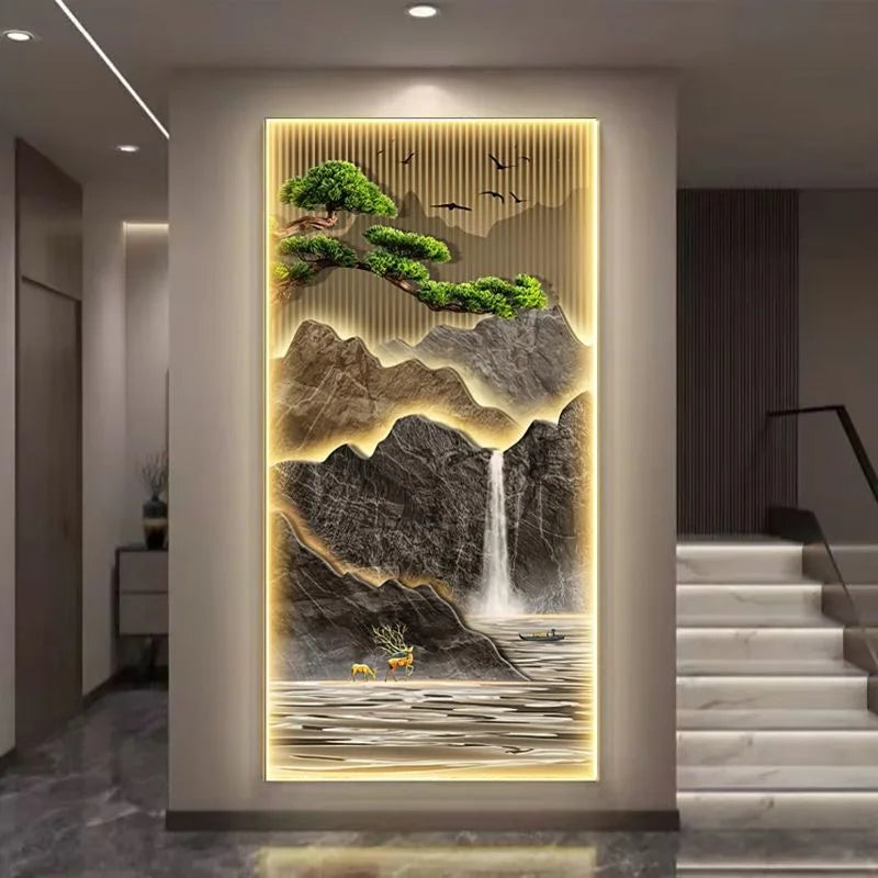 Chinese Style Welcome Pine LED Wall Art - Waterfall Landscape Canvas Painting