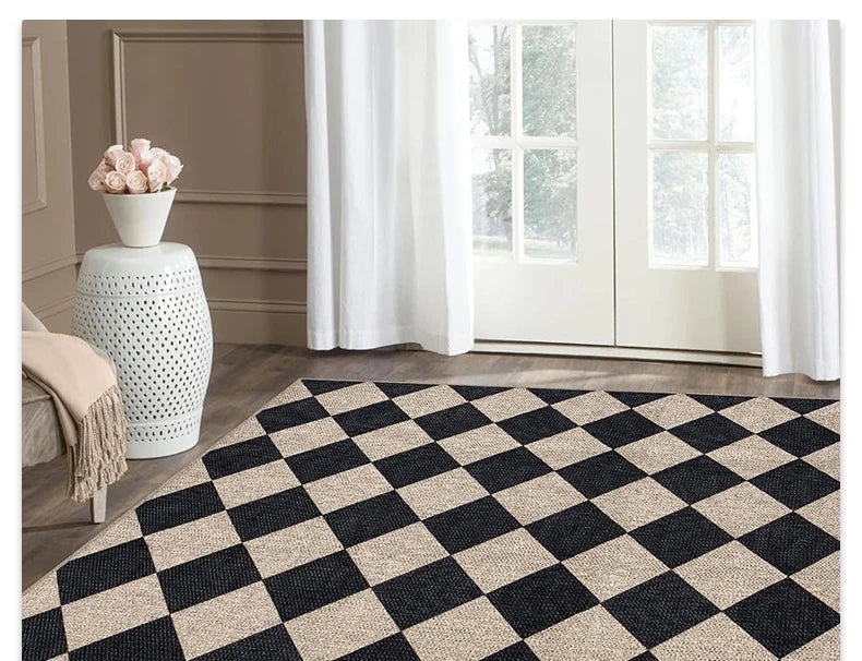 Black & White Checkered Rug - Non-Slip Living Room Carpet