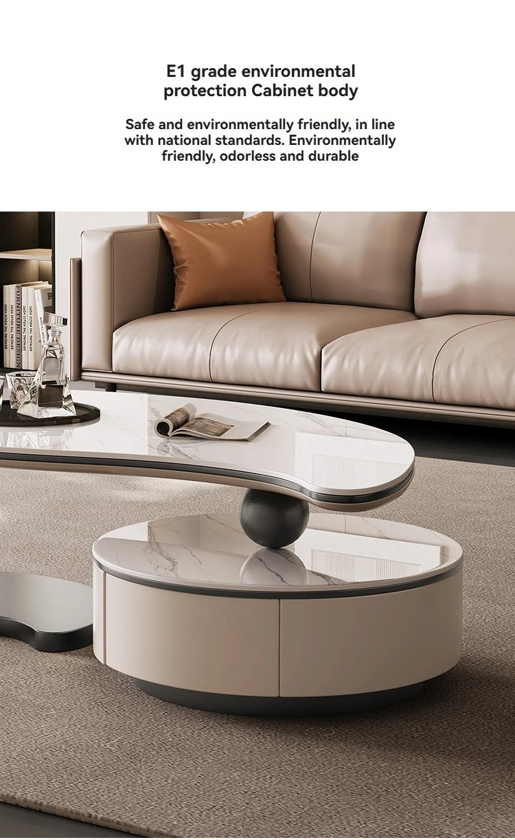 Modern Coffee Table With 2 Storage Drawers For Living Room Faux Marble Leaf Shape Coffee End Tables With Sturdy Metal Base