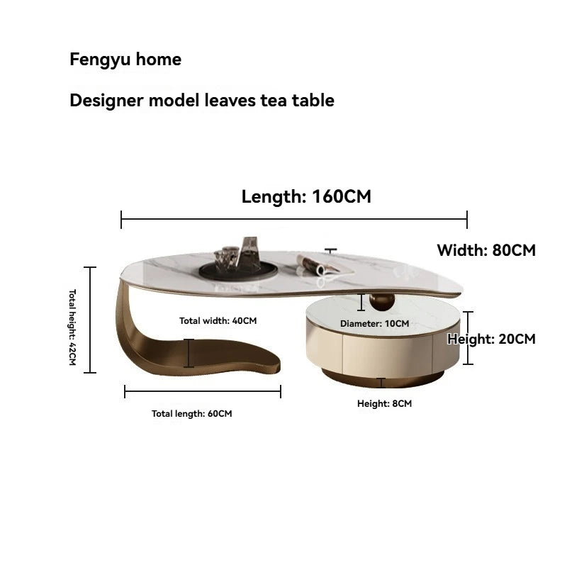 Modern Coffee Table With 2 Storage Drawers For Living Room Faux Marble Leaf Shape Coffee End Tables With Sturdy Metal Base