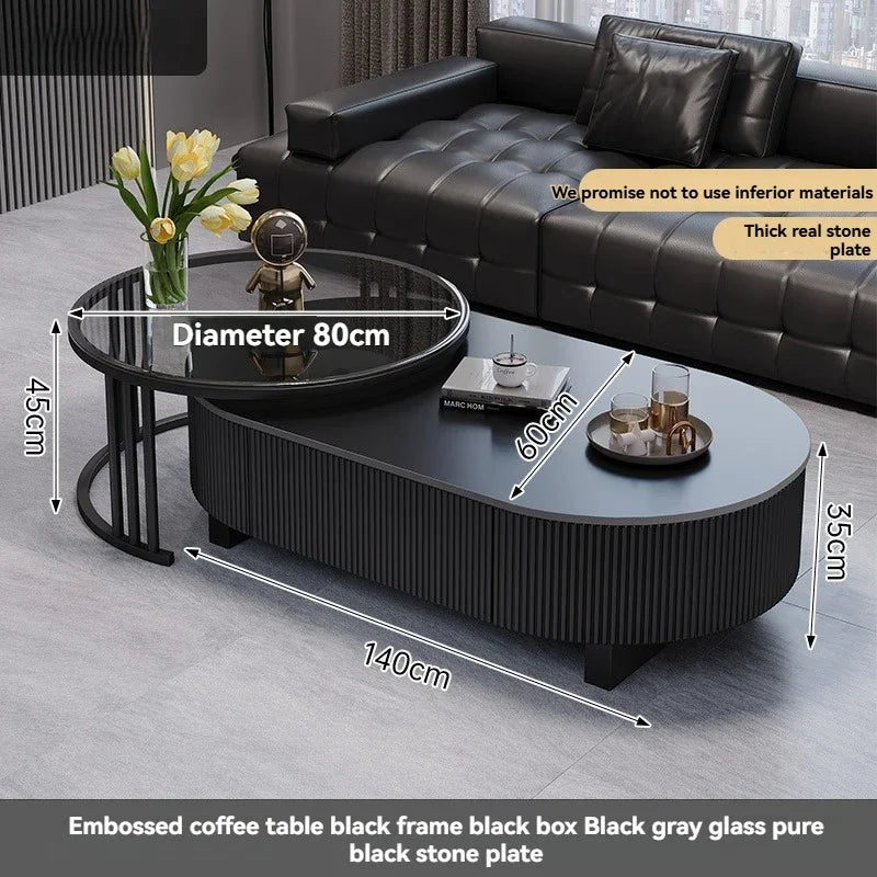 Oval Nesting Coffee Table Set of 2 - Marble Texture with Storage