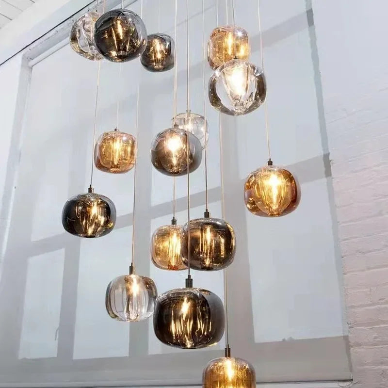 Luxury Led Staircase Chandelier Modern Home Decor Indoor Lighting Fixture Creative Amber/Smoky Grey/Clear Crystal Hanging Lamp