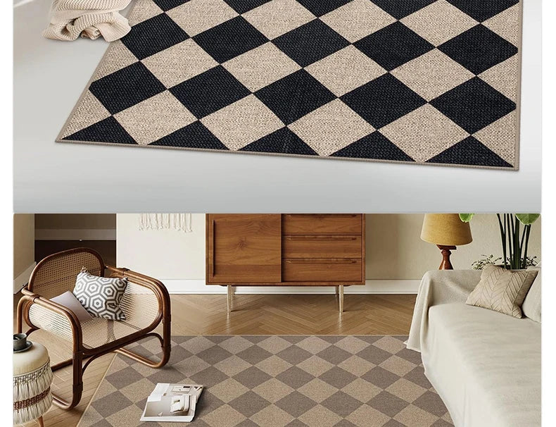 Black & White Checkered Rug - Non-Slip Living Room Carpet