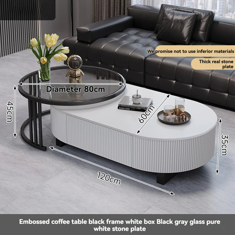 Oval Nesting Coffee Table Set of 2 - Marble Texture with Storage