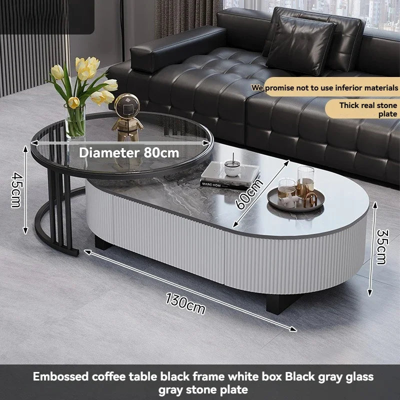Oval Nesting Coffee Table Set of 2 - Marble Texture with Storage