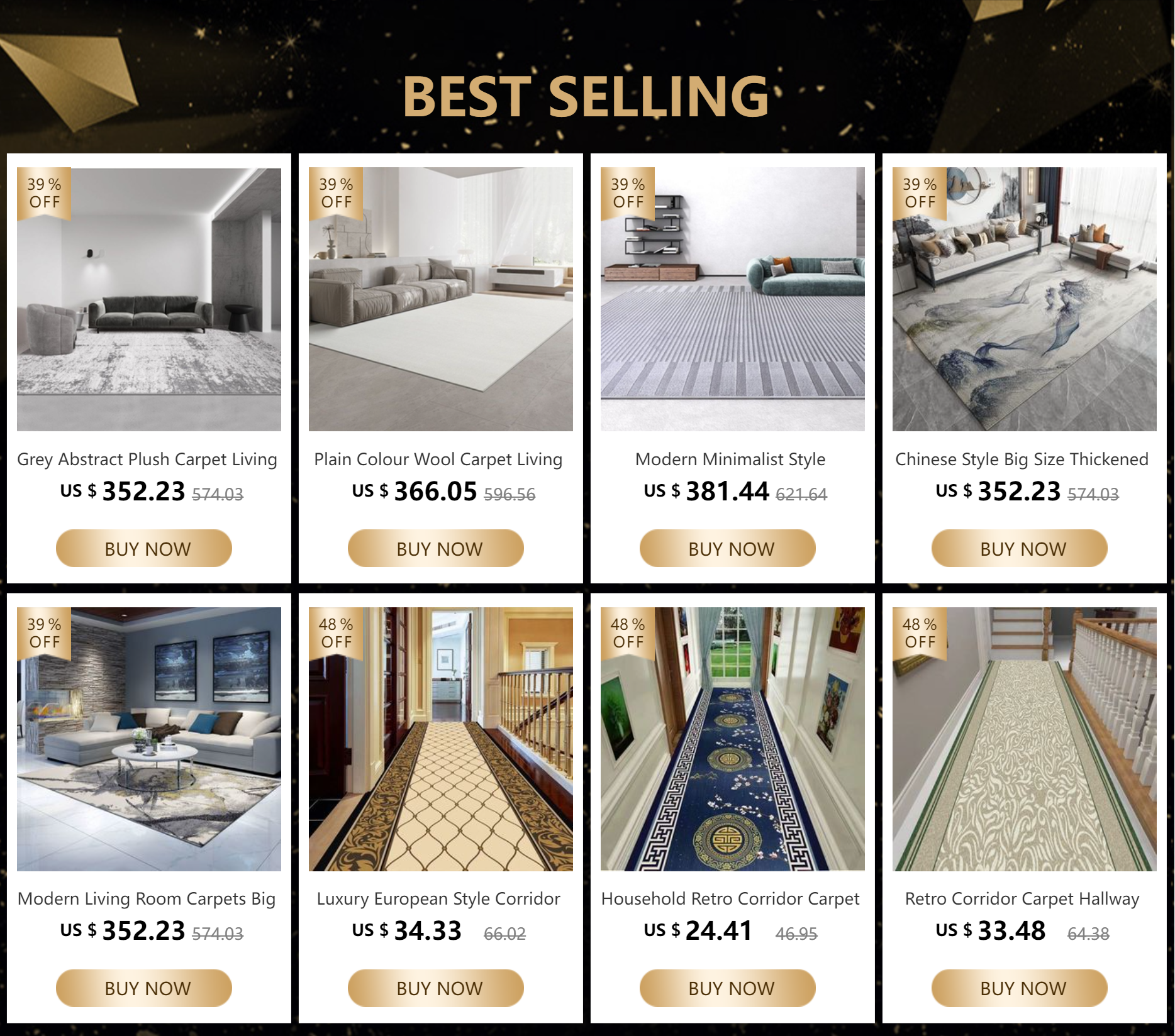 Luxury Gold Geometric Area Rug - Non-Slip Washable Carpet for Living Room & Bedroom