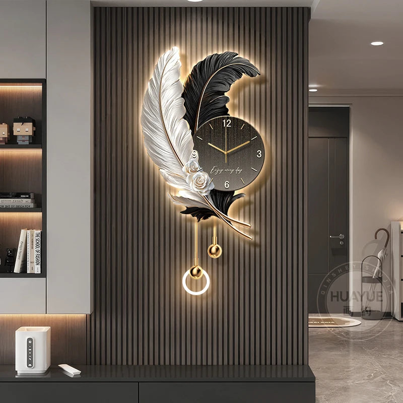 Feather Design Wall Clock With LED Lighting Luxury TV Background Art For Living Room Contemporary Wall Decor