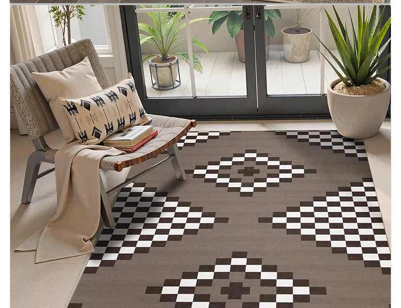 Black & White Checkered Rug - Non-Slip Living Room Carpet