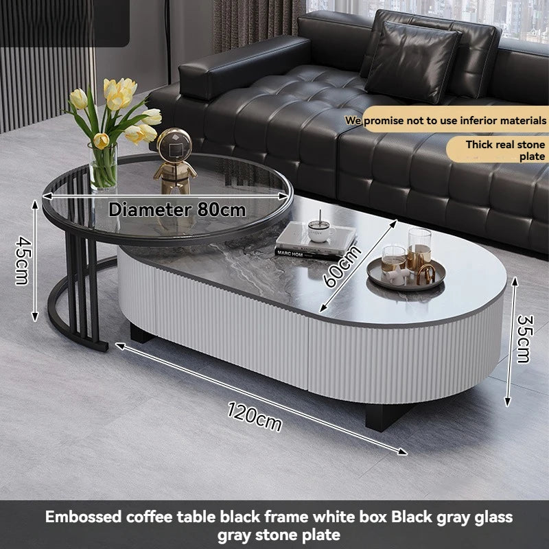Oval Nesting Coffee Table Set of 2 - Marble Texture with Storage