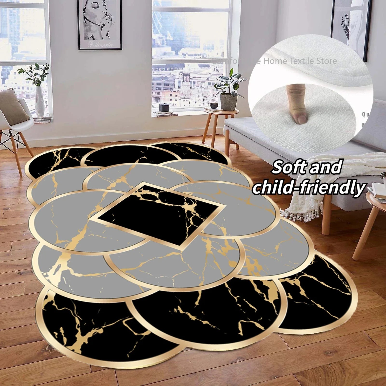 Luxury Gold Geometric Area Rug - Non-Slip Washable Carpet for Living Room & Bedroom
