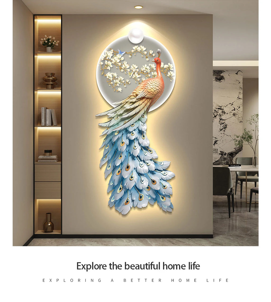 LED Peacock Wall Art - Decorative Entrance Painting with Night Light