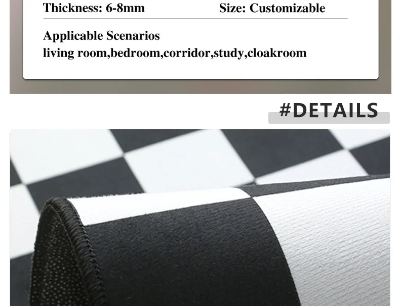 Black & White Checkered Rug - Non-Slip Living Room Carpet