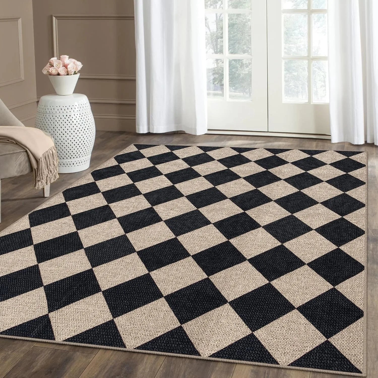 Black & White Checkered Rug - Non-Slip Living Room Carpet
