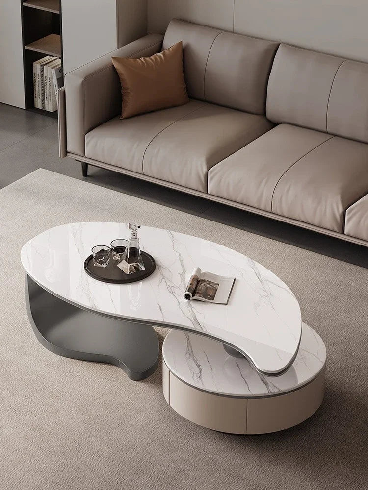 Modern Coffee Table With 2 Storage Drawers For Living Room Faux Marble Leaf Shape Coffee End Tables With Sturdy Metal Base