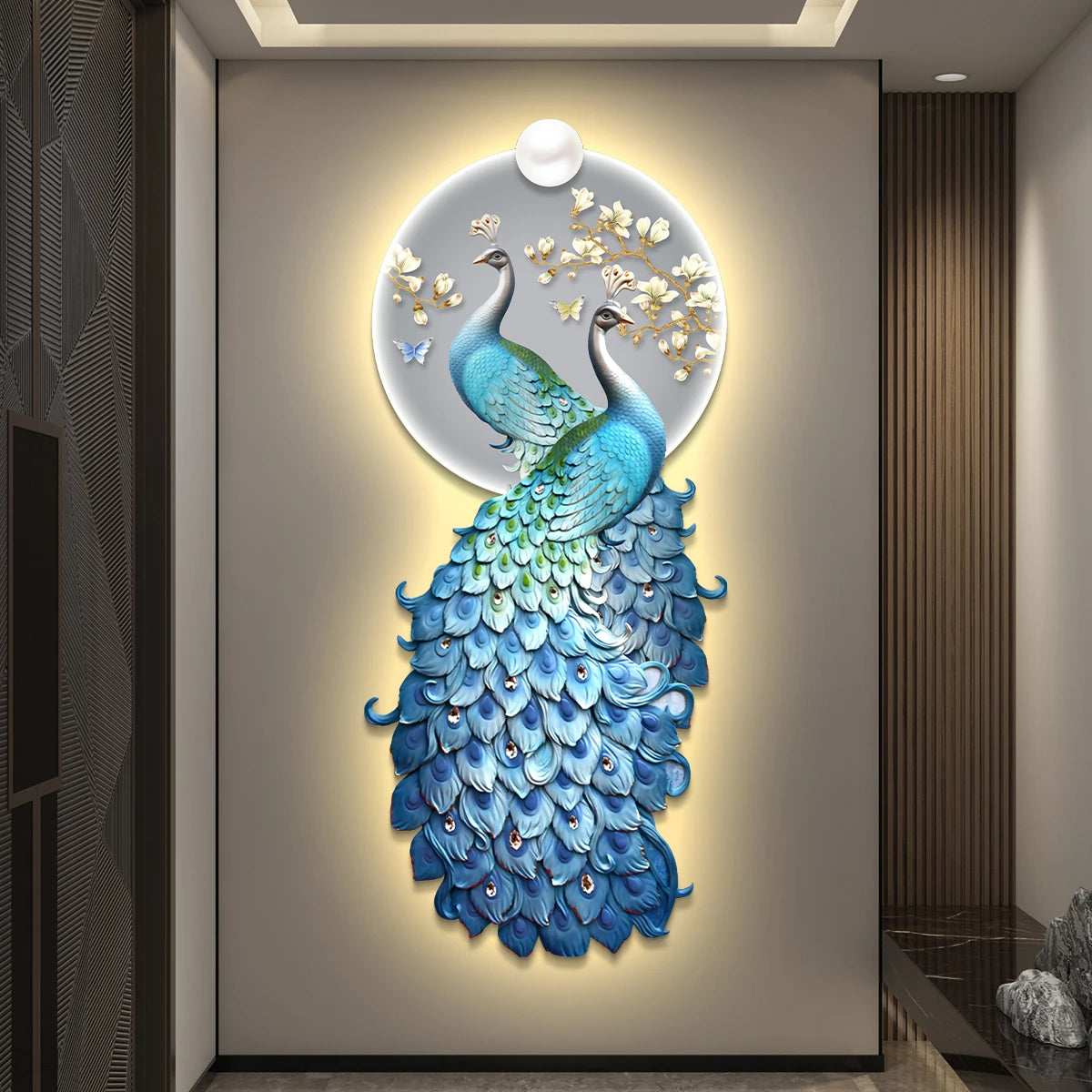 LED Peacock Wall Art - Decorative Entrance Painting with Night Light
