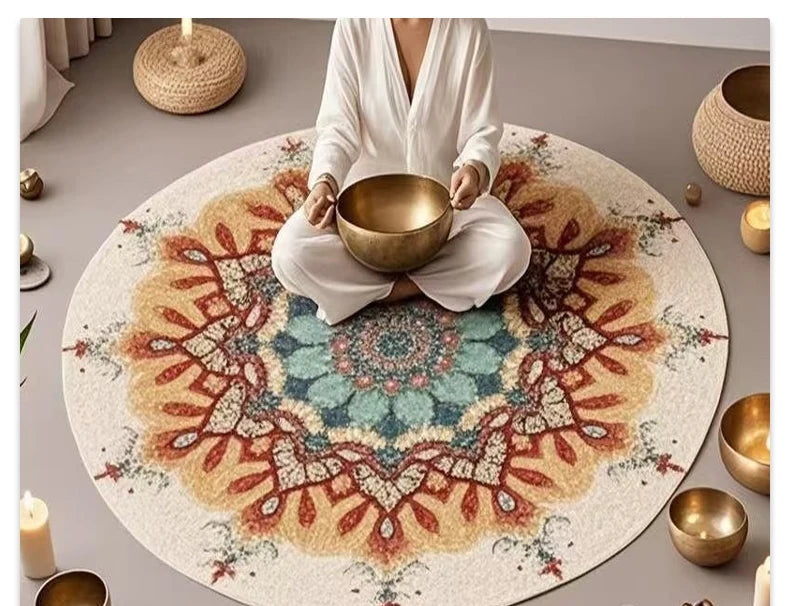Mandala Round Area Rug - Non-Slip Dirt-Resistant Carpet for Living Room & Bedroom