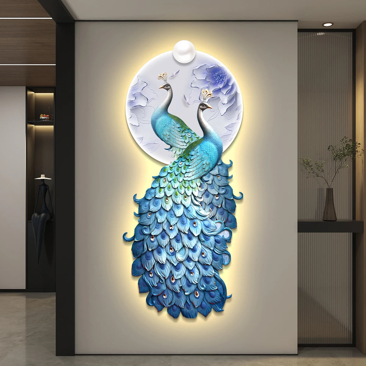 LED Peacock Wall Art - Decorative Entrance Painting with Night Light