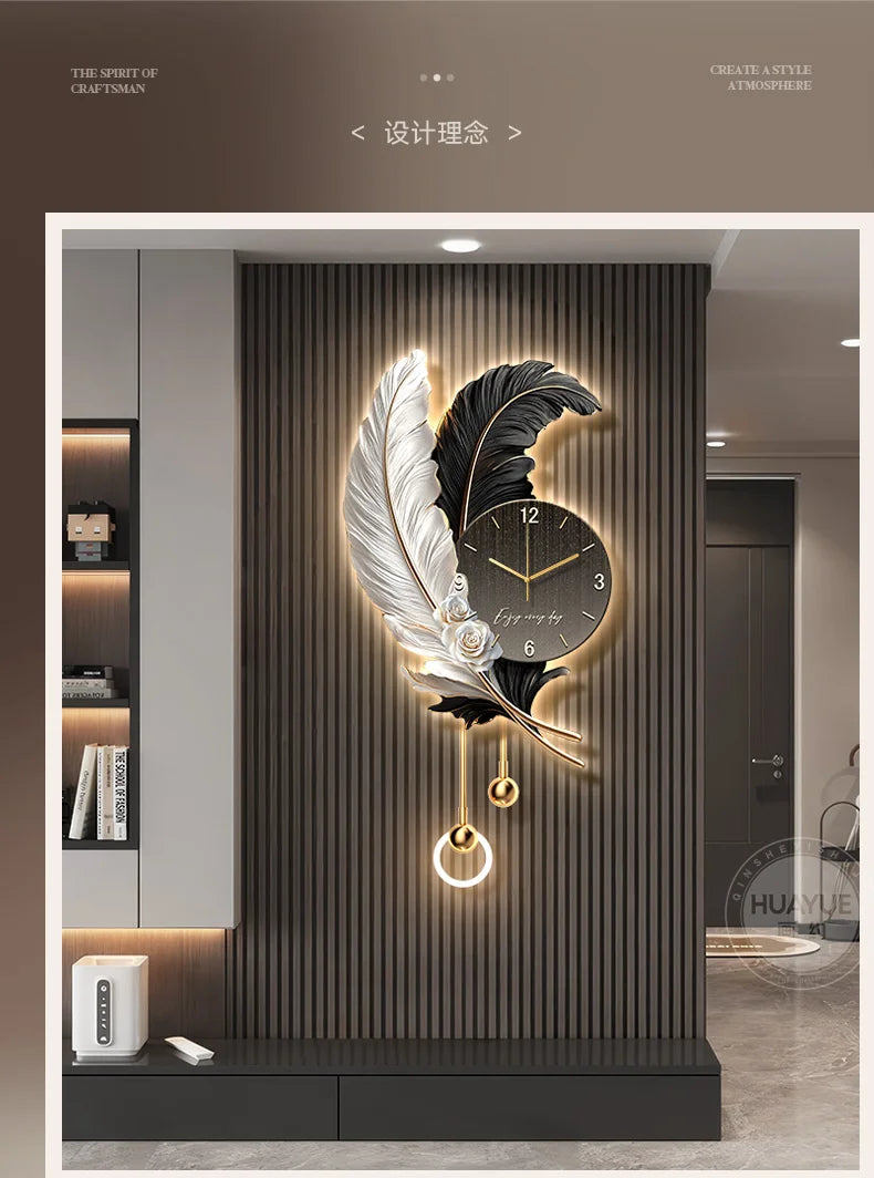 Feather Design Wall Clock With LED Lighting Luxury TV Background Art For Living Room Contemporary Wall Decor