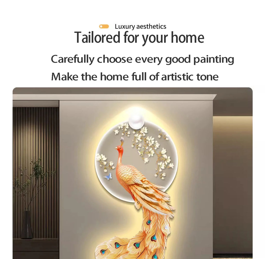 LED Peacock Wall Art - Decorative Entrance Painting with Night Light