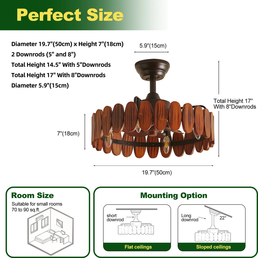 Farmhouse Wood Ceiling Fan with Lights, 19.7 Inch Rustic Chandelier Ceiling Fans Enclosed Bladeless Ceiling Fan Light Fandelier