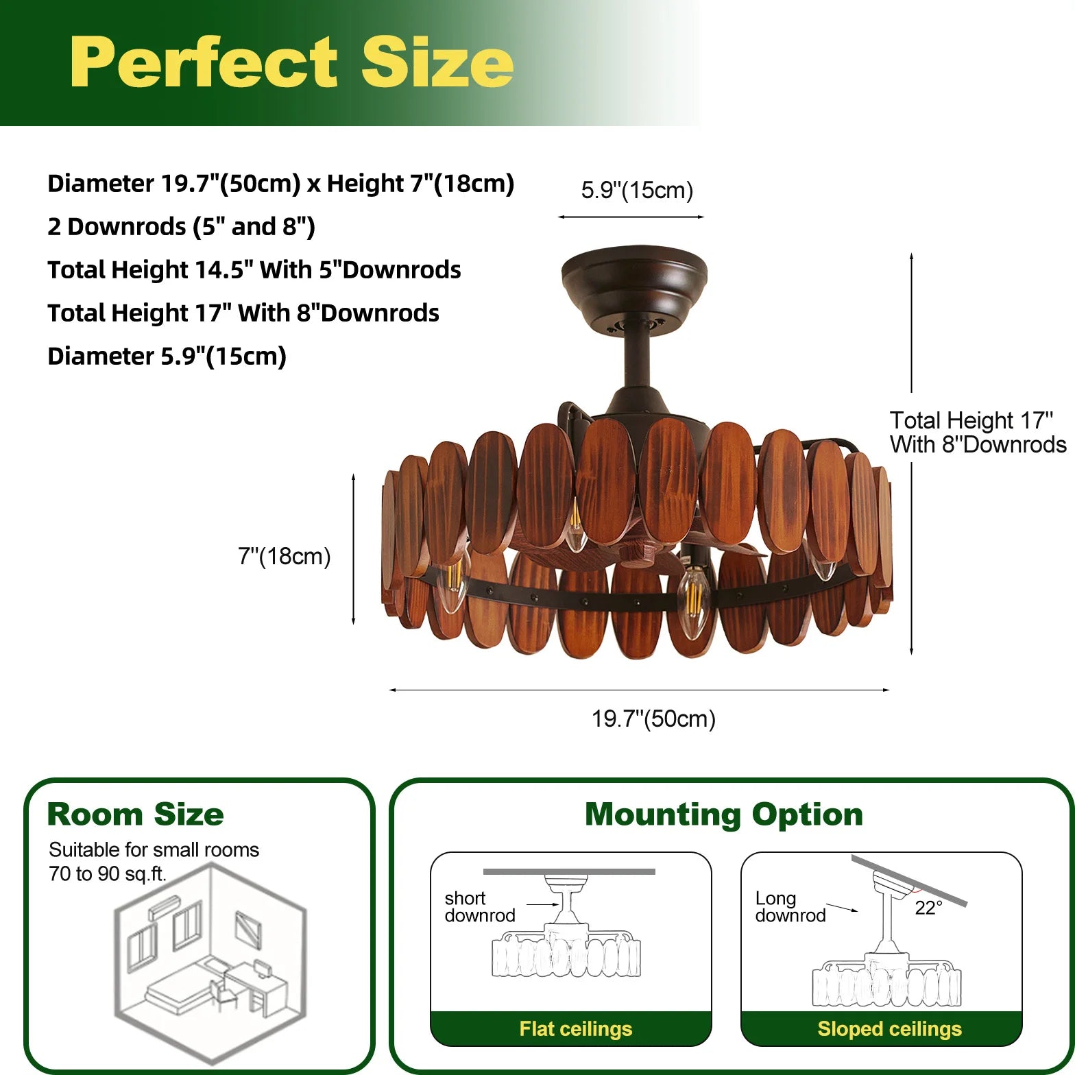 Farmhouse Wood Ceiling Fan with Lights, 19.7 Inch Rustic Chandelier Ceiling Fans Enclosed Bladeless Ceiling Fan Light Fandelier