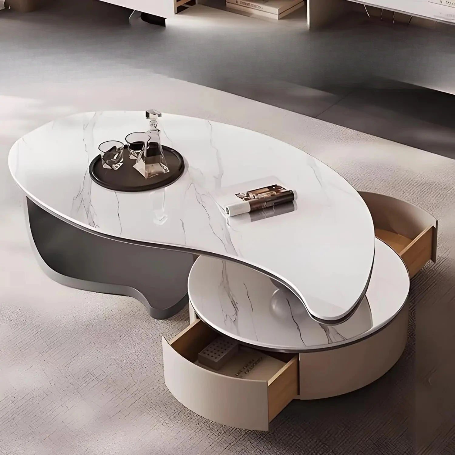 Modern Coffee Table With 2 Storage Drawers For Living Room Faux Marble Leaf Shape Coffee End Tables With Sturdy Metal Base