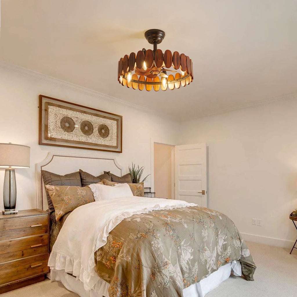 Farmhouse Wood Ceiling Fan with Lights, 19.7 Inch Rustic Chandelier Ceiling Fans Enclosed Bladeless Ceiling Fan Light Fandelier