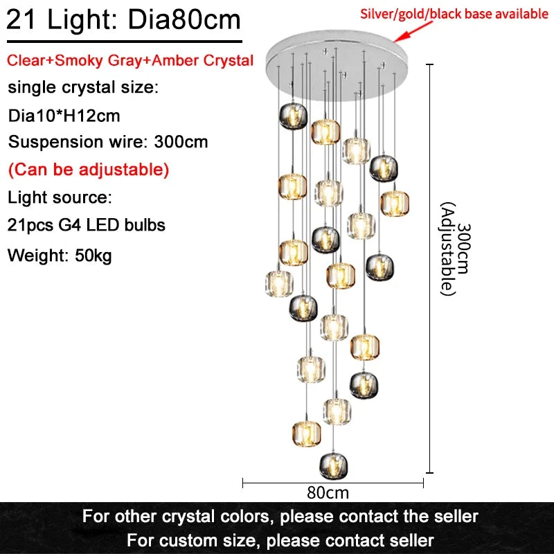 Luxury Led Staircase Chandelier Modern Home Decor Indoor Lighting Fixture Creative Amber/Smoky Grey/Clear Crystal Hanging Lamp