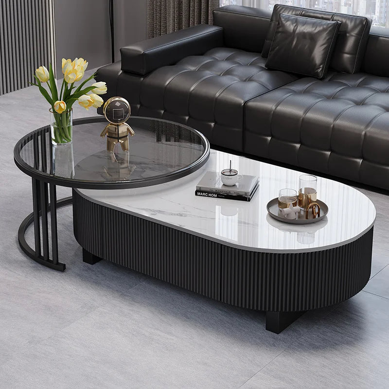 Oval Nesting Coffee Table Set of 2 - Marble Texture with Storage
