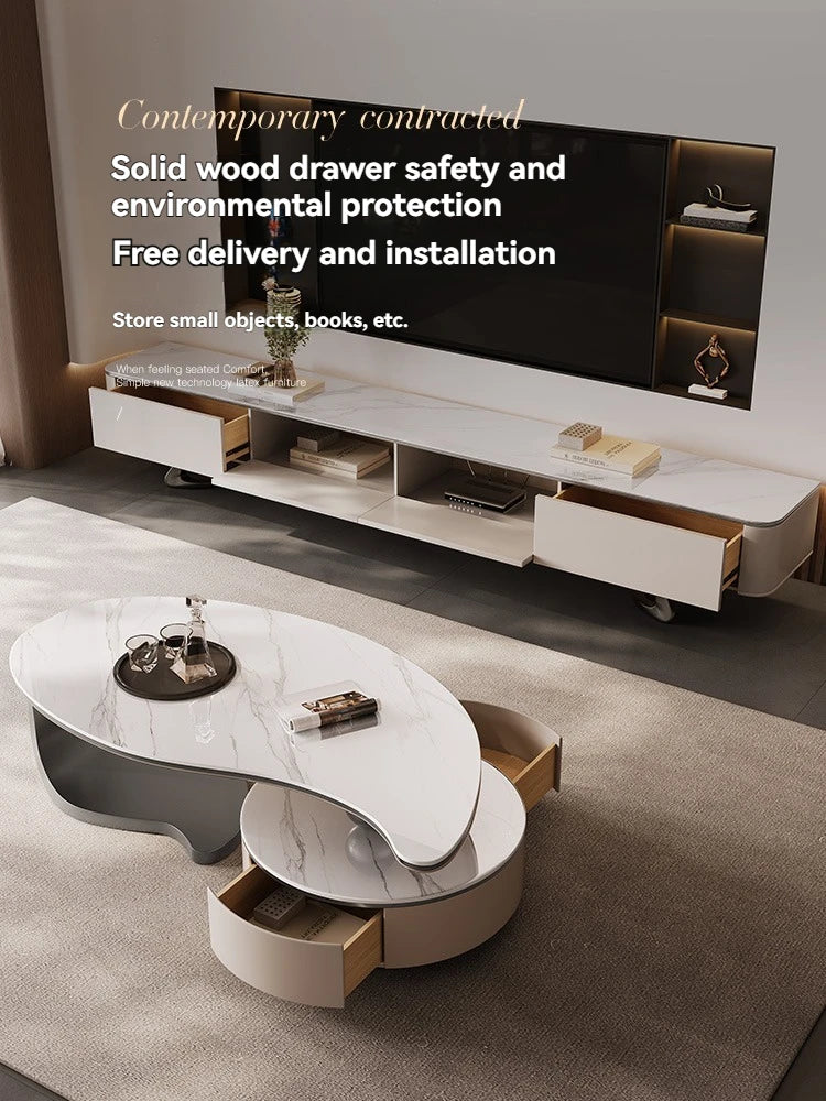 Modern Coffee Table With 2 Storage Drawers For Living Room Faux Marble Leaf Shape Coffee End Tables With Sturdy Metal Base