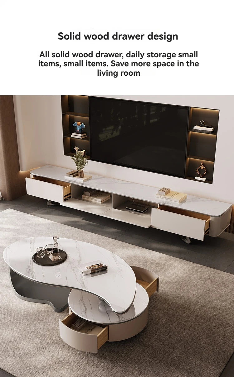 Modern Coffee Table With 2 Storage Drawers For Living Room Faux Marble Leaf Shape Coffee End Tables With Sturdy Metal Base