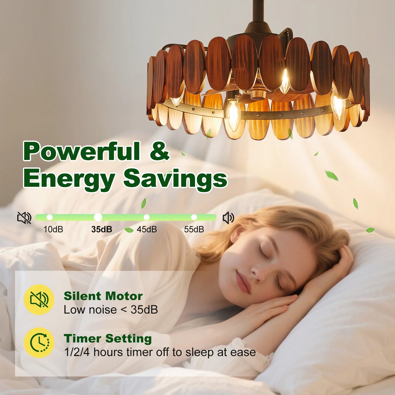 Farmhouse Wood Ceiling Fan with Lights, 19.7 Inch Rustic Chandelier Ceiling Fans Enclosed Bladeless Ceiling Fan Light Fandelier