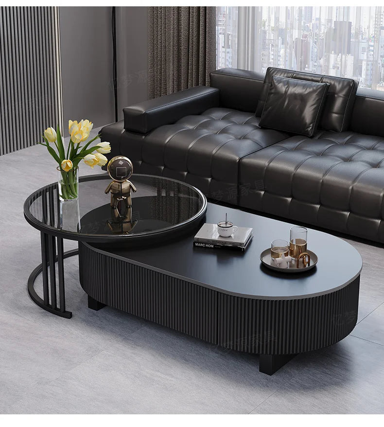 Oval Nesting Coffee Table Set of 2 - Marble Texture with Storage