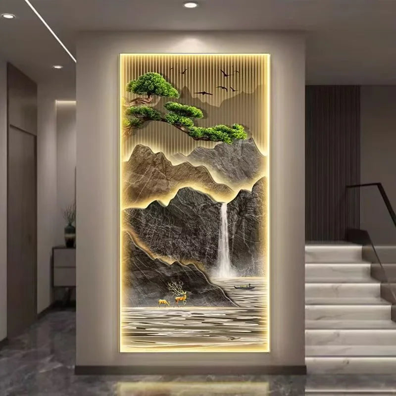 Chinese Style Welcome Pine LED Wall Art - Waterfall Landscape Canvas Painting