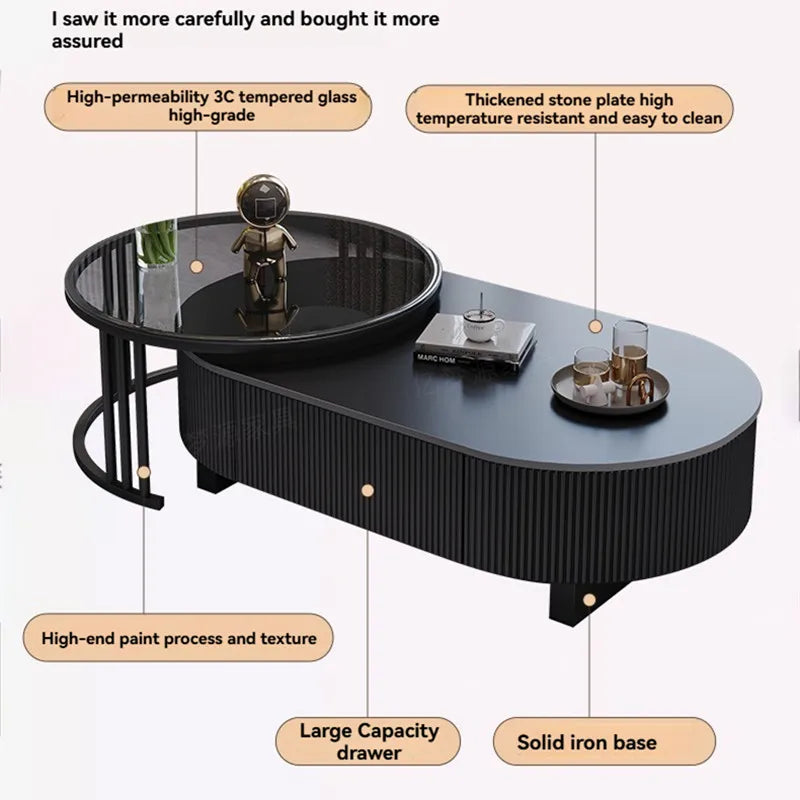 Oval Nesting Coffee Table Set of 2 - Marble Texture with Storage