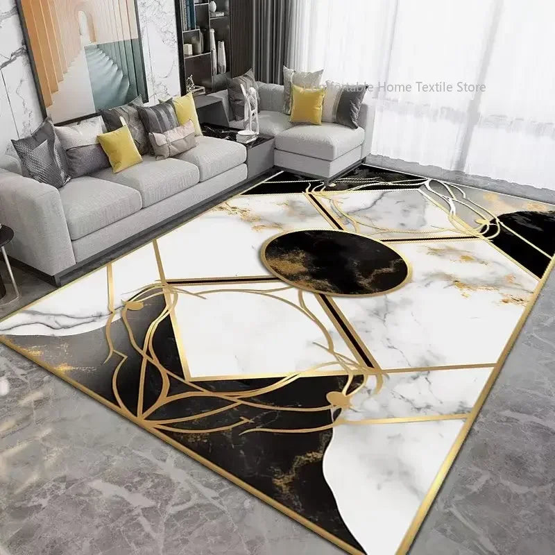 Luxury Gold Geometric Area Rug - Non-Slip Washable Carpet for Living Room & Bedroom