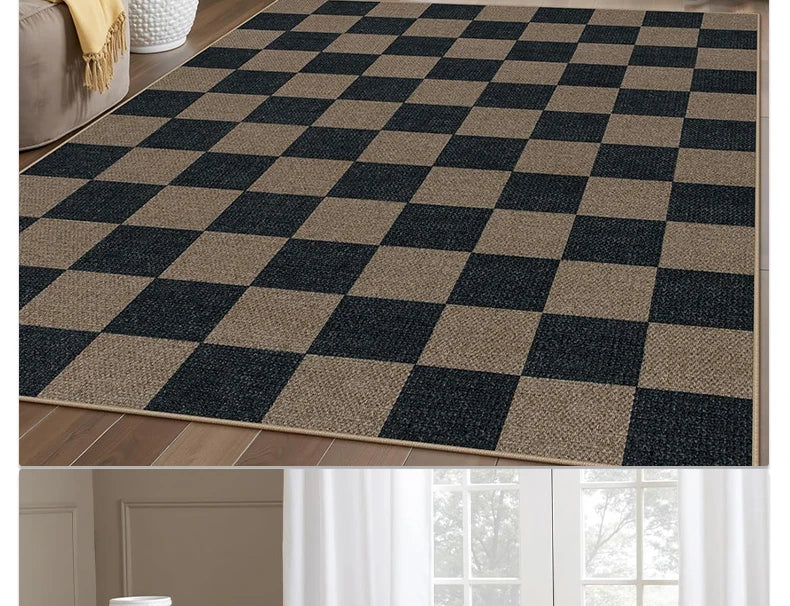 Black & White Checkered Rug - Non-Slip Living Room Carpet