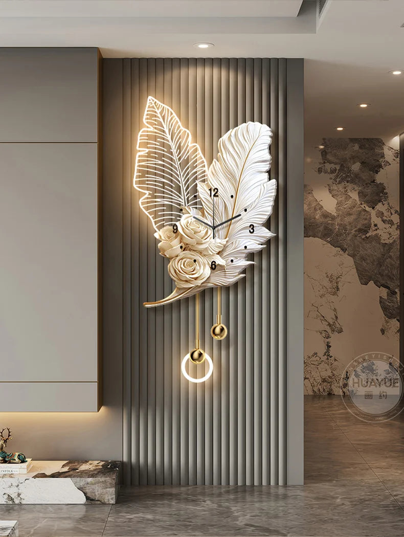Feather Design Wall Clock With LED Lighting Luxury TV Background Art For Living Room Contemporary Wall Decor