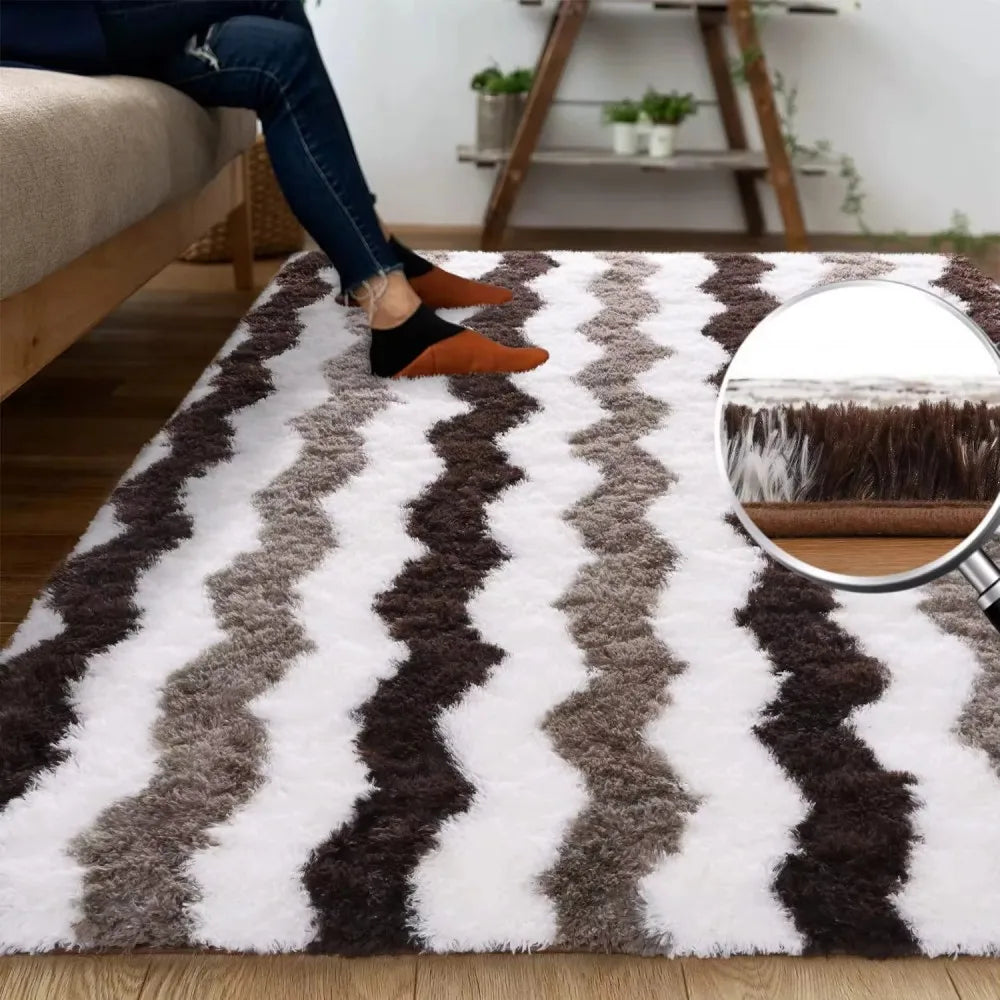Plush Wave Pattern Area Rug - Soft Warm Patchwork Carpet for Living Room & Bedroom