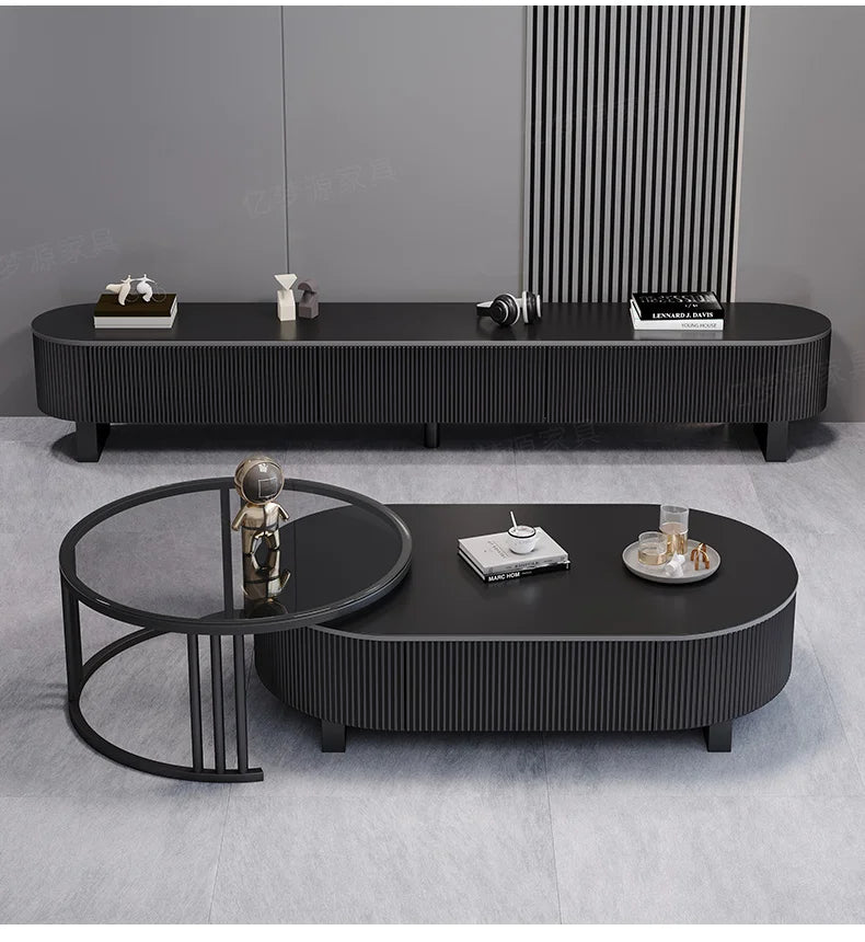 Oval Nesting Coffee Table Set of 2 - Marble Texture with Storage