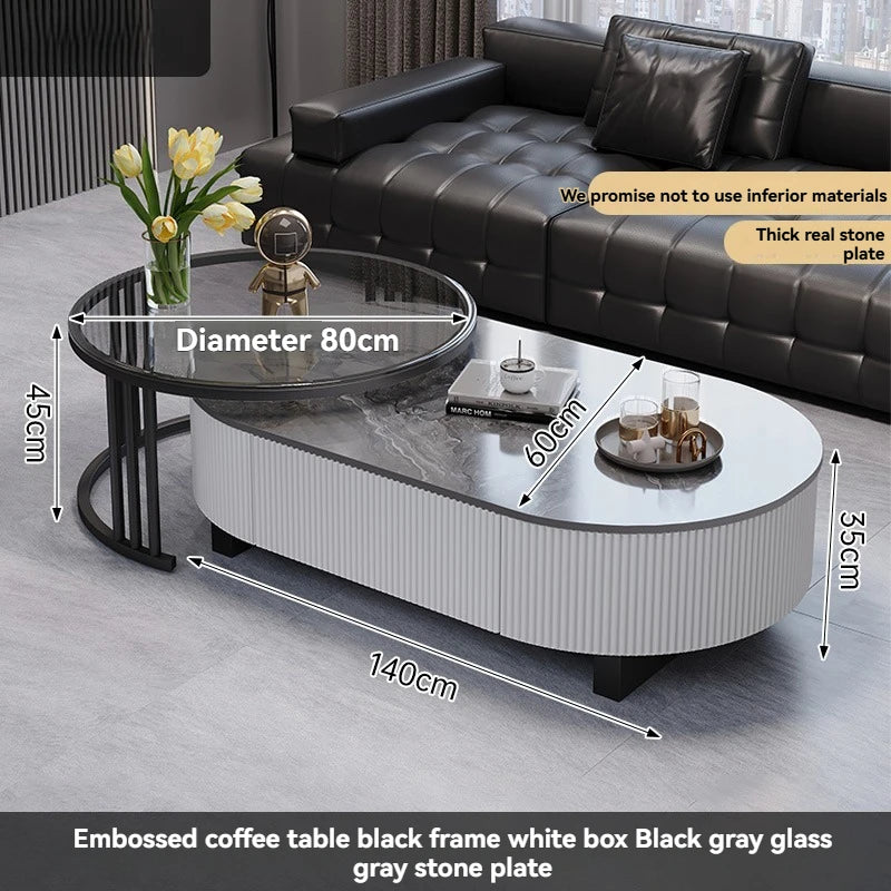 Oval Nesting Coffee Table Set of 2 - Marble Texture with Storage