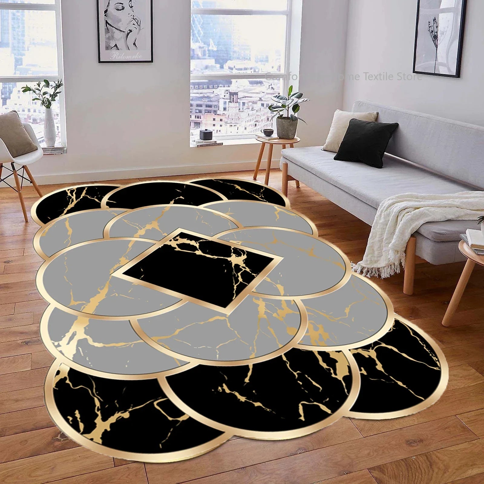 Luxury Gold Geometric Area Rug - Non-Slip Washable Carpet for Living Room & Bedroom