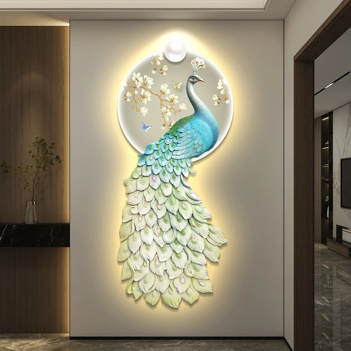 LED Peacock Wall Art - Decorative Entrance Painting with Night Light