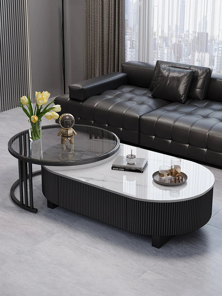 Oval Nesting Coffee Table Set of 2 - Marble Texture with Storage