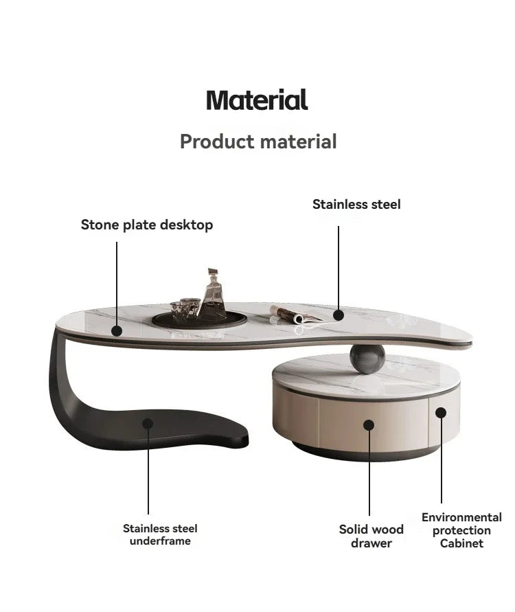 Modern Coffee Table With 2 Storage Drawers For Living Room Faux Marble Leaf Shape Coffee End Tables With Sturdy Metal Base