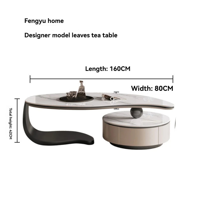 Modern Coffee Table With 2 Storage Drawers For Living Room Faux Marble Leaf Shape Coffee End Tables With Sturdy Metal Base