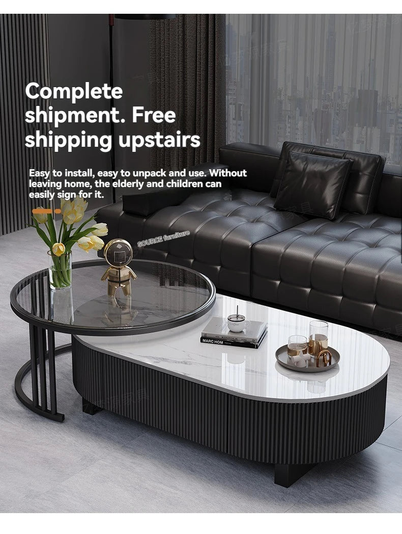 Oval Nesting Coffee Table Set of 2 - Marble Texture with Storage