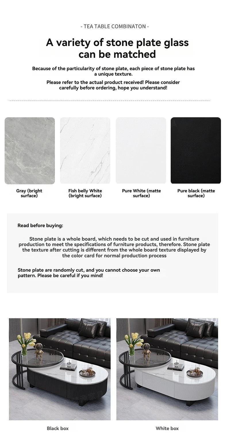 Oval Nesting Coffee Table Set of 2 - Marble Texture with Storage