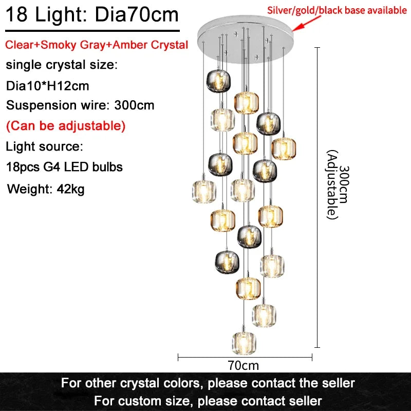 Luxury Led Staircase Chandelier Modern Home Decor Indoor Lighting Fixture Creative Amber/Smoky Grey/Clear Crystal Hanging Lamp